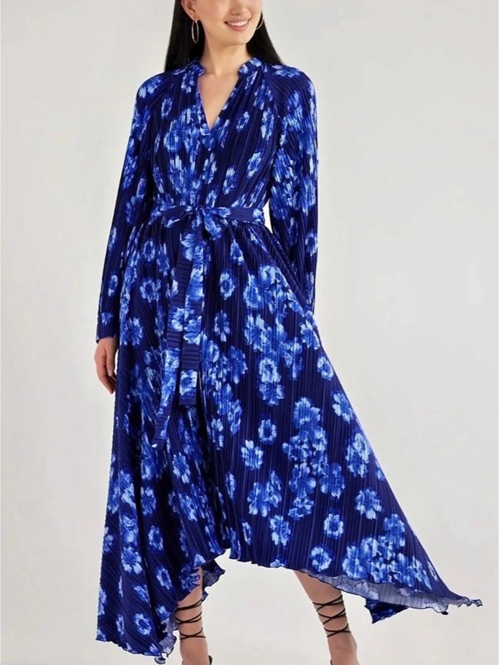 Scoop Women's Pleated Handkerchief Hem Dress Floral Maxi Dress Blue & White